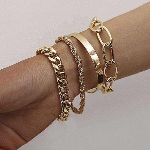 Dainty Boho Chain Bracelets Set for Women Adjustable Fashion Beaded Chunky Flat Cable Chain Punk Bracelets for Women Gift Set of 4 - color: Golden