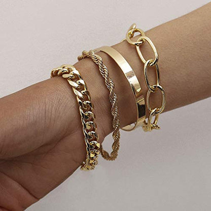 Dainty Boho Chain Bracelets Set for Women Adjustable Fashion Beaded Chunky Flat Cable Chain Punk Bracelets for Women Gift Set of 4 - color: Golden