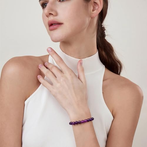 Raicegs 4 6 8MM Beaded Bracelets Healing Crystal Bracelet for Women Men Natural Stone Handmade Stretch Bracelet Reiki Spiritual Jewelry - color: Amethyst, size: 8mm