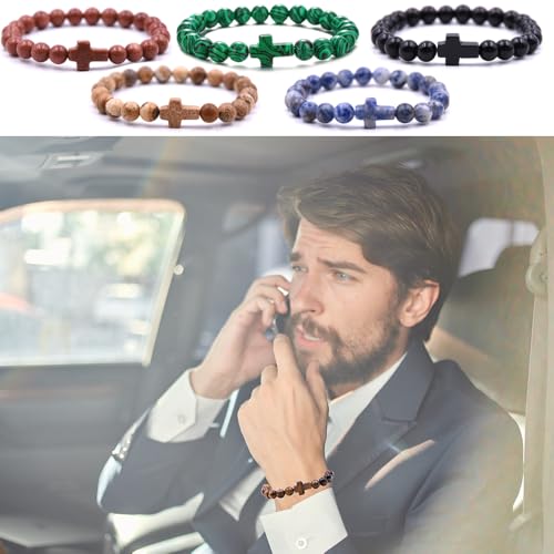 Beaded Bracelets Cross Bracelet for Women Men Lava Rock Turquoise Tiger Eye Natural Bracelet Anxiety Healing - color: 8Pcs-coloured cross