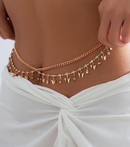 Gold Chain Belt - Fashion Waist Chain Belt with Moon, Butterfly Rhinestone & Layered Design - color: E2-Layered rhinestone butterfly-gold