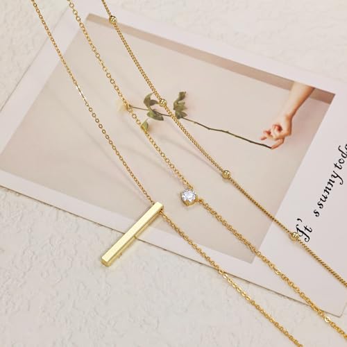14K Gold Silver Plated Layered Necklaces for Women Trendy | Necklaces for Women Trendy, Stackable Dainty Chain Necklace, Beach Cute Fashion Pendant Choker Necklace, Jewelry Set Gifts - color: 3PCS / Satellite & CZ & Bar