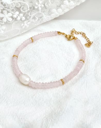 Gemstone Beaded Bracelets with Freshwater Pearl | Crystal Beaded Bracelet Boho Natural Stone Trendy Jewelry Gifts - color: Pink