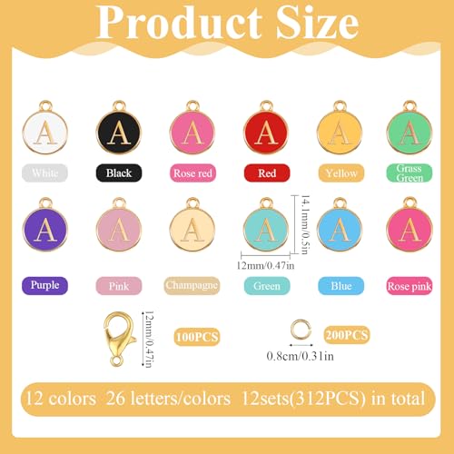 312 Pcs Letter Charms for Jewelry Making, Mix Initial Charm with 100 Keychain Clips and 200 Jump Rings, Double Sided Alphabet Charms for DIY Necklace & Bracelet