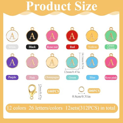 312 Pcs Letter Charms for Jewelry Making, Mix Initial Charm with 100 Keychain Clips and 200 Jump Rings, Double Sided Alphabet Charms for DIY Necklace & Bracelet