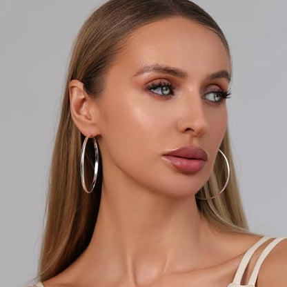 3mm Wide Large Hoop Earrings for Women Hypoallergenic 925 Sterling Silver Post Gold Earrings Lightweight Silver Hoop Earrings Oversize Big Gold Hoops 30/40/50/60MM - color: Silver, size: 60mm