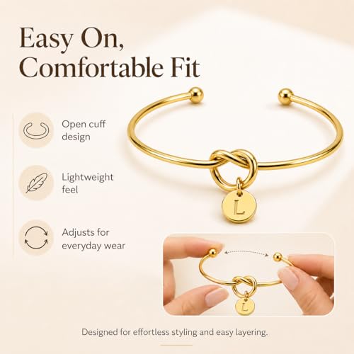 LemonRose Initial Bracelets for Women - Dainty Tie the Knot Letter A-Z 14K Gold Plated for Women Gold Cuff Bracelet for Womens Jewelry Personalized Bridesmaid Proposal Gifts - color: Gold L