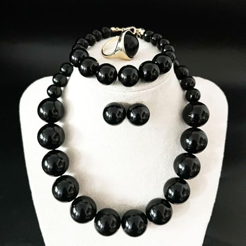 Large Big Simulated Pearl Adjustable Chain Necklace Bracelet Dangling Earrings Ring for Women Jewelry Set Imitation Dainty Elegant Wedding Party Birthday - color: black