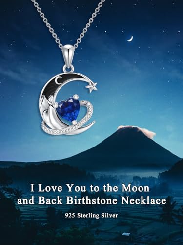 I Love You to the Moon and Back Necklace 925 Sterling Silver Black Crescent Moon Star Pendant with Heart Birthstone Necklace Anniversary Gothic Jewelry Gifts for Women Wife Lovers - color: 09-Sep-Sapphire