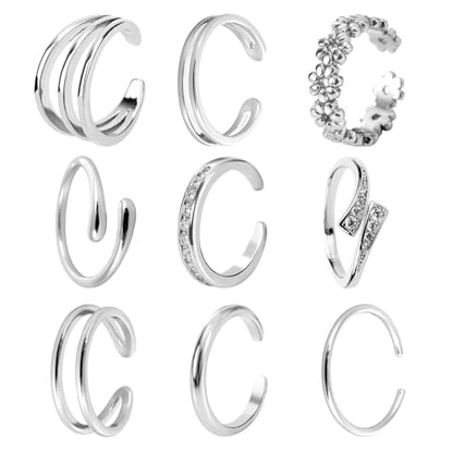 Mikovivi 9pcs Toe Rings for Women, 9 Styles Non Tarnish Adjustable CZ Flower Hug Band Open Toe Rings Set Dainty Foot Jewelry Accessories for Women Summer Beach Party - color: Silver