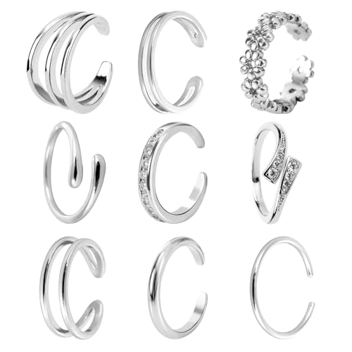 Mikovivi 9pcs Toe Rings for Women, 9 Styles Non Tarnish Adjustable CZ Flower Hug Band Open Toe Rings Set Dainty Foot Jewelry Accessories for Women Summer Beach Party - color: Silver