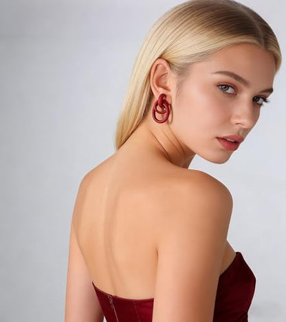 Gold Geometric Clip On Earrings for Women Chunky Gold Knot Link Clip Earrings Trendy Jewelry - color: Wine Red