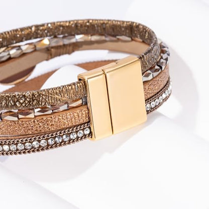 Boho Leather Wrap Bracelets Beaded Stackable Cuff Bracelet Country Concert Outfits Cowboy Cowgirl Western Jewelry Gifts for Women - color: Stone-Brown