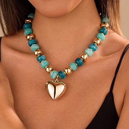 Resin Chunky Colorful Beaded Necklace | Adjustable Boho Statement Necklace,Summer Beach Party Jewelry - color: Heart+Teal