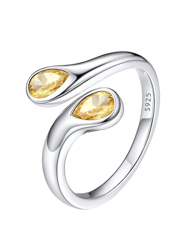 Bestyle Silver Birthstone Ring for Women, Dainty Sterling Silver Teardrop Ring Open Adjustable Band Ring, Love Statement TOI et Moi Ring Promise Ring for Her - color: 11.November ( Citrine)