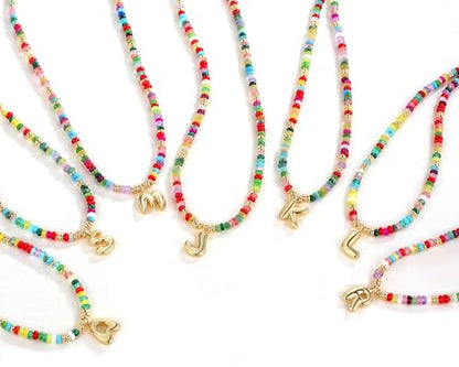 YOUFENG Initial Letter Necklaces for Women Colorful Beaded Gemstone Choker 14K Gold Plated Bubble Letter Pendant Necklace Natural Stone Handmade Jewelry Gift - color: N
