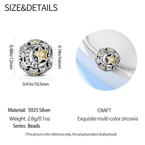 Star Moon 925 Sterling Silver Birthstone Charm for Bracelet Women Jewelry - color: November