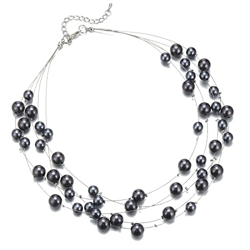 FULU AUTUMN Layered Pearl Necklace Multi-strand Pearl Choker Necklaces for Women Beaded jewelry for Wedding Parties - color: Dark grey