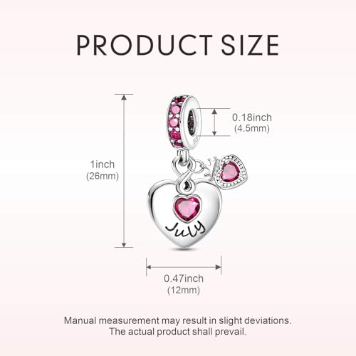 BLUELUNE Birthstone Charms, 925 Sterling Silver Dangle Charm with 5A Cubic Zirconia for Bracelets or Necklaces, Birthday, Mother's Day Present for Women - color: July