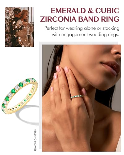 DAYBYDAY Sapphire/Emerald/Ruby Full Eternity Band Rings for Women, 2.4mm Thin Birthstone Stackable Rings, 925 Sterling Silver/14K Gold Plated Gemstone Wedding Band Anniversary Ring Size 6 to 10 - color: 05. Green Emerald & Cz, May, Gold Plated