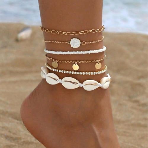 Qceasiy Starfish Ankle Bracelets for Women, Boho Beaded Beach Anklets Set | Gold-plated layered anklets in seashell, disc, and conch styles, with stretch or adjustable fits for summer beach outfits. - color: White 5
