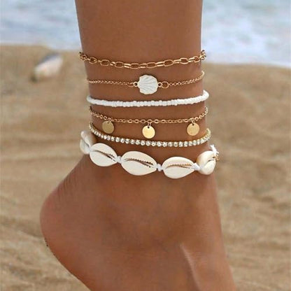 Qceasiy Starfish Ankle Bracelets for Women, Boho Beaded Beach Anklets Set | Gold-plated layered anklets in seashell, disc, and conch styles, with stretch or adjustable fits for summer beach outfits. - color: White 5