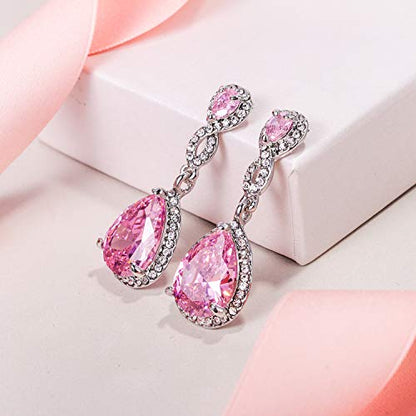 EVER FAITH Cubic Zirconia Wedding Earrings for Women Brides, Austrian Crystal Birthstone 8-Shape Infinity Bridal Dangle Earring - style: Pierced_Pink Silver-Tone