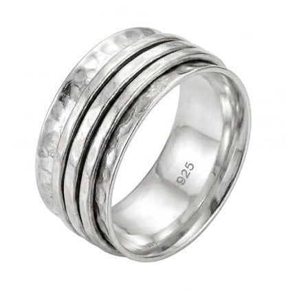 Spinner Ring Silver For Women Girls, 925 Sterling Silver Spinner, Spin, Three Tone Fidget Band, Classic Hammered Meditaion, Christmas Size us