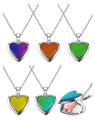 Hicarer Heart Mood Locket Necklace for Girls Kids Locket Color Changing Necklace Stainless Steel Temperature Sensing Mood Heart Shape Photo Pendant Birthday Valentines Gift
