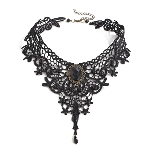 Gothic Black Lace Choker Necklace,Vintage Black Fringe Necklace Punk Style Red/Black Gem Pendant Necklace Retro Goth Lolita Choker Halloween Jewelry Witch Vampire Costume Accessories for Women - color: G