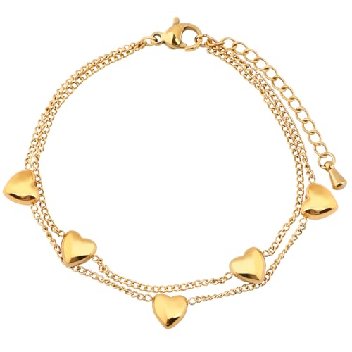 18K Gold Plated Stainless Steel Dainty Charms Colorful Crystal Birthstone Bracelet Minimalist Cute Jewelry for Women - color: Puffed Heart
