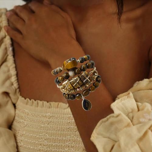 Yomisa Boho Beaded Bracelets/Bangle for Women,Multilayer 5/6/7PCS Healing Natural Handmade Stone Bead Bracelets Stackable Stretch Friendship Beaded Bracelet Set Trendy Western Bohemian Jewelry Gift - color: 5pcs-Tiger eye