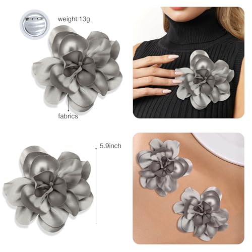 2Pack 6inch Extra Large Satin Brooches Lapel Pins Dainty Elegant Fabric Camellia Rose Flower Brooch Pin for Women Wedding Part Dance Clothes Accessories Jewelry - color: Grey