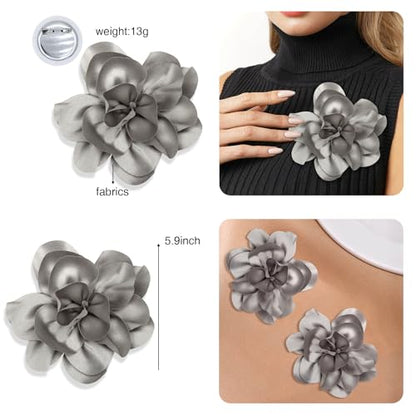 2Pack 6inch Extra Large Satin Brooches Lapel Pins Dainty Elegant Fabric Camellia Rose Flower Brooch Pin for Women Wedding Part Dance Clothes Accessories Jewelry - color: Grey