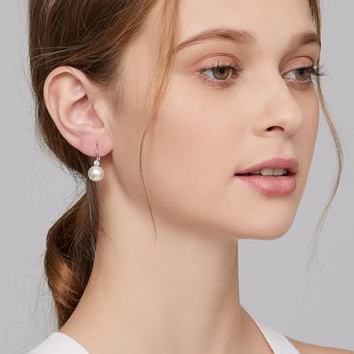 925 Sterling Silver Pearl Leverback Earrings for Women Cubic Zirconia Pearl Jewelry 10MM - color: A: Leverback-White