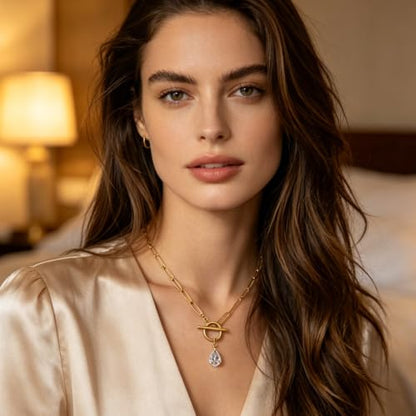 Teardrop CZ Pendant Paperclip Chain Necklace 18K Plated Paperclip Toggle Necklace Jewelry Birthstone Gift for Women - color: CZ-April