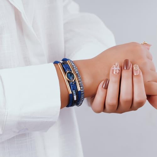 Boho Leather Wrap Bracelets Beaded Stackable Cuff Bracelet Country Concert Outfits Cowboy Cowgirl Western Jewelry Gifts for Women - color: Crystal-Blue