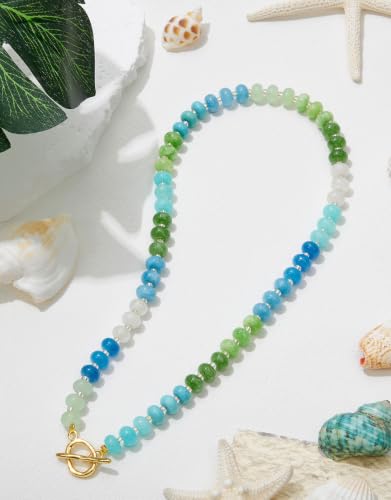 Beaded Necklaces for Women, Boho Colorful Bead Choker Necklace | Natural Gemstones, Summer Beach Jewelry, 18K Gold Plated, Handmade, Gift for Her,Charm Necklace - color: Blue&Green