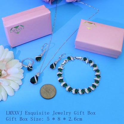 LMXXVJ Jewelry Set for Women,Teardrop Cubic Zirconia Necklace Earrings Adjustable Ring Bracelet Jewelry Set Formal Jewelry Gift - color: SYSD-White Gold-Green