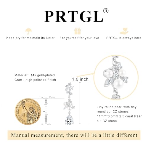 Pearl Earrings - 14K Gold/White Gold/Rose Gold Plated Cubic Zirconia CZ Diaomond Accented Pearl Drop Dangle Earrings for Women Wedding Bridal Prom - color: Silver Teardrop Design