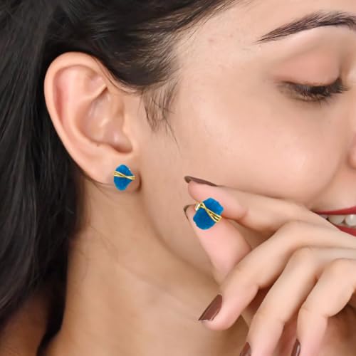 Gempires Wire Wrapped Raw Gemstone Stud Earrings for Women, Birthstone | Handmade wire-wrapped raw gemstone stud earrings — choose from stones and birthstones, artisan raw crystals on gold. - style: Neon Apatite