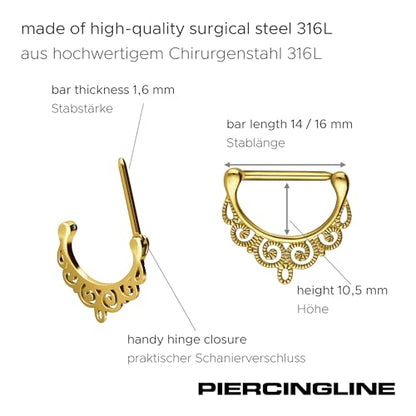 PIERCINGLINE 14G Surgical steel nipple piercing oriental design nipple jewelry barbell 1 PC - color: Gold, size: 14 mm bar length
