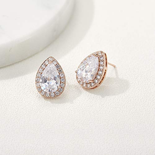 SWEETV Teardrop Bridal Wedding Earrings for Brides, Women | Elegant Pear shaped Cubic Zirconia Stud Earrings, Teardrop Bridal Jewelry, for Prom, Bridesmaid Gifts and Formal Wear - color: 1.Rose Gold