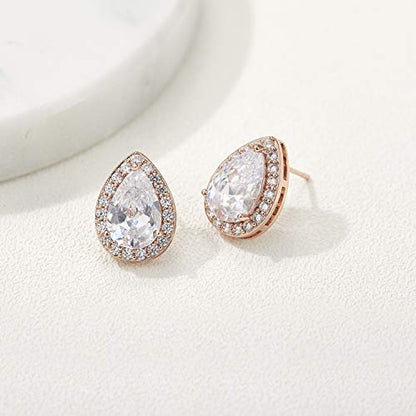 SWEETV Teardrop Bridal Wedding Earrings for Brides, Women | Elegant Pear shaped Cubic Zirconia Stud Earrings, Teardrop Bridal Jewelry, for Prom, Bridesmaid Gifts and Formal Wear - color: 1.Rose Gold
