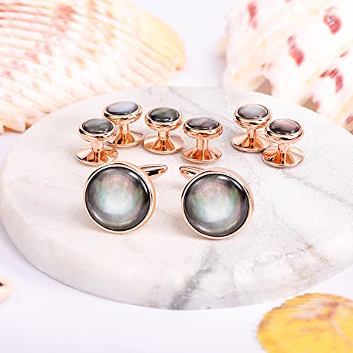 HAWSON Cufflinks and Tuxedo Studs Set for Men with Gift Box, Mother-of-Pearl Cuff links for French Cuff Shirt and Dress Shirt, Suitable for Wedding, Birthday, Party - style: Rose Gold & Black Lip Shell Stone