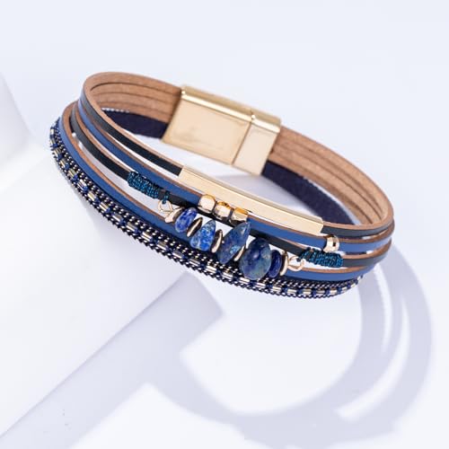 Boho Gemstone Beaded Leather Wrap Bracelets Stackable Chunky Cuff Bracelet Western Jewelry Cowboy Chic Country Concert Outfits for Women - color: Navy Blue