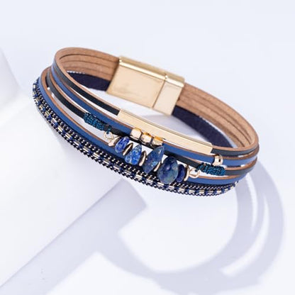 Boho Gemstone Beaded Leather Wrap Bracelets Stackable Chunky Cuff Bracelet Western Jewelry Cowboy Chic Country Concert Outfits for Women - color: Navy Blue
