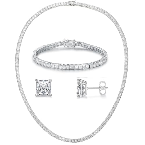 MDFUN 18K White Gold Plated Tennis Bracelet Stud Earrings Jewelry Set for Women and Men - style: 3 Pcs - Necklace/Bracelet/Earrings