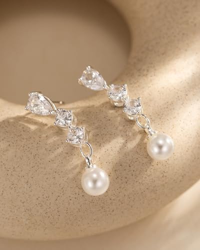 Pearl Earrings - 14K Gold/White Gold/Rose Gold Plated Cubic Zirconia CZ Diaomond Accented Pearl Drop Dangle Earrings for Women Wedding Bridal Prom - color: Silver 3pcs cz