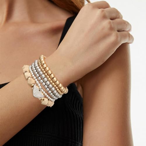 Boho Beaded Stretch Bracelets For Women Stackable Crystal Gold Plated Beaded Bracelets Set Trendy Handmade Friendship Braeclet Jewelry Gifts - color: M-Gold&Silver Beaded Bracelet
